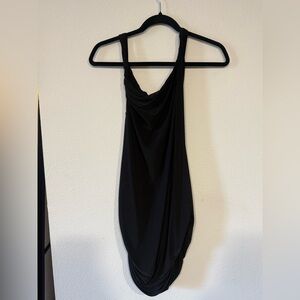 PLT PETITE BLACK DOUBLE SLINKY ASYMMETRIC NECKLINE TWIST DETAIL MINI DRESS